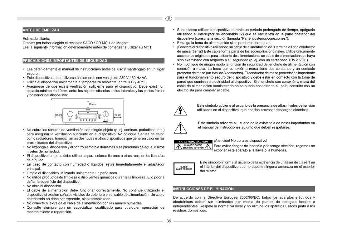 Magnat Audio MC 1 manual Antez DE Empezar, Precauciones Importantes DE Seguridad, Instrucciones DE Eliminación 