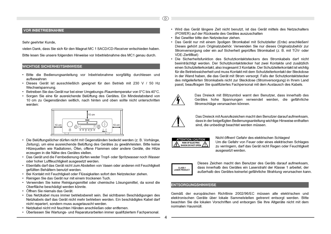 Magnat Audio MC 1 manual VOR Inbetriebnahme, Wichtige Sicherheitshinweise, Entsorgungshinweise 