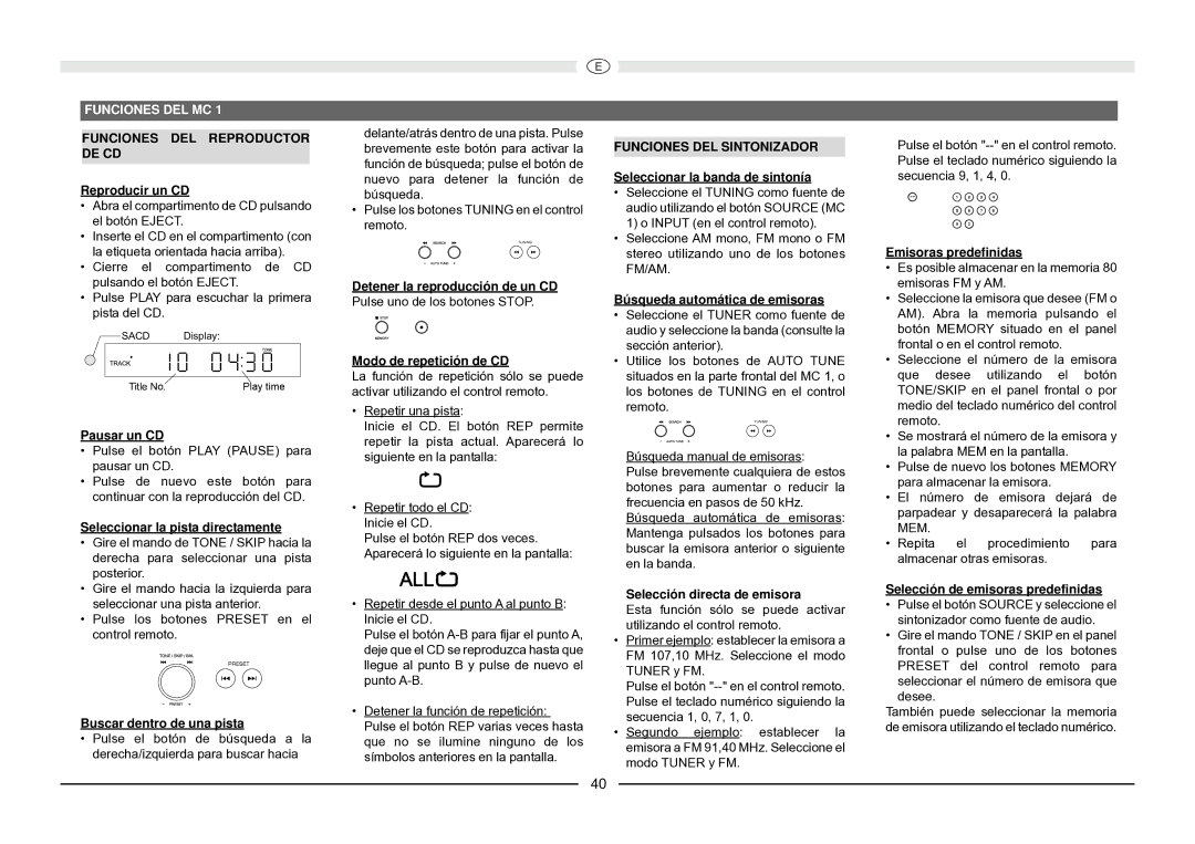 Magnat Audio MC 1 manual Funciones DEL MC, Funciones DEL Reproductor DE CD, Funciones DEL Sintonizador 