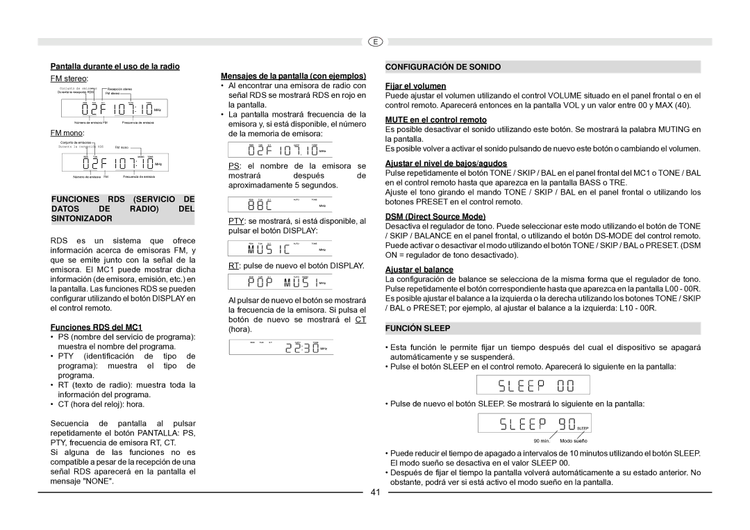 Magnat Audio MC 1 manual Configuración DE Sonido, Funciones RDS Servicio DE Datos DE Radio DEL, Sintonizador, Función Sleep 