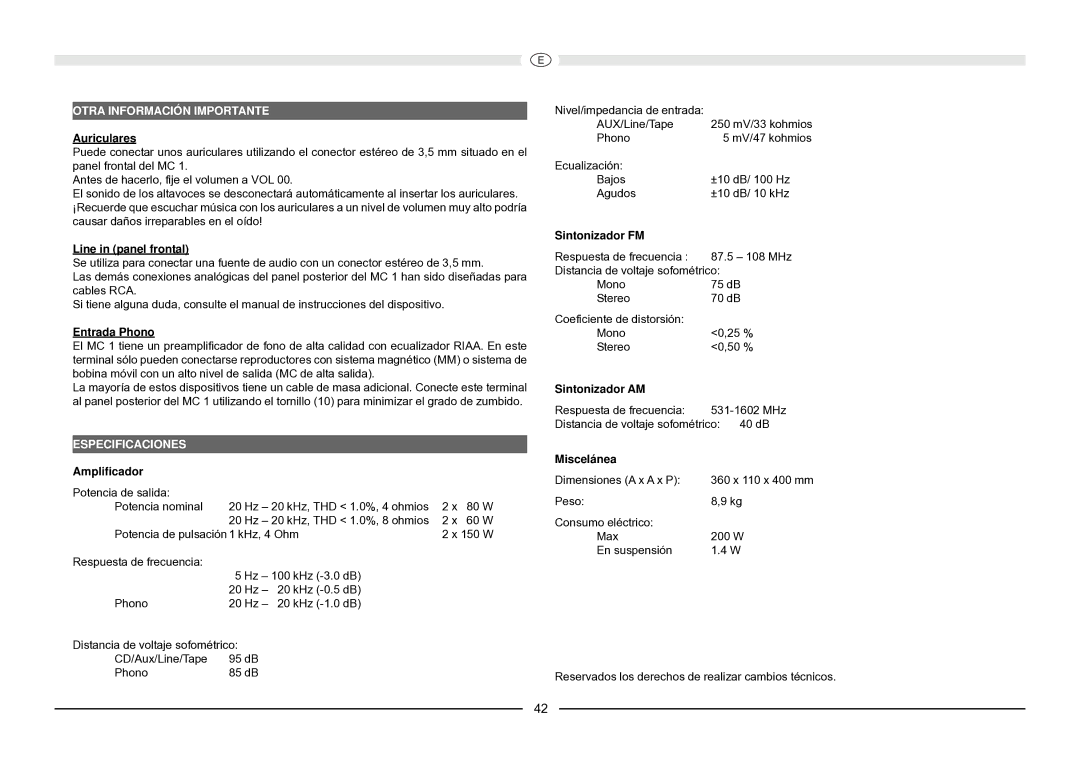 Magnat Audio MC 1 manual Otra Información Importante, Especificaciones 