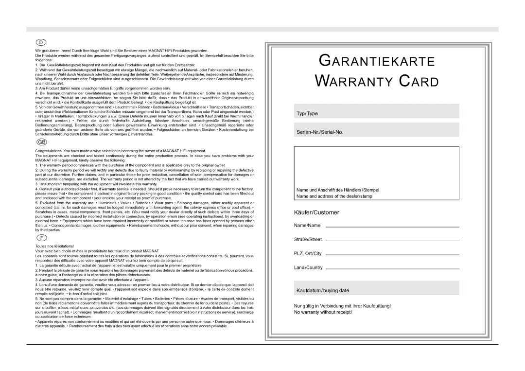 Magnat Audio MC 1 manual Garantiekarte Warranty Card 