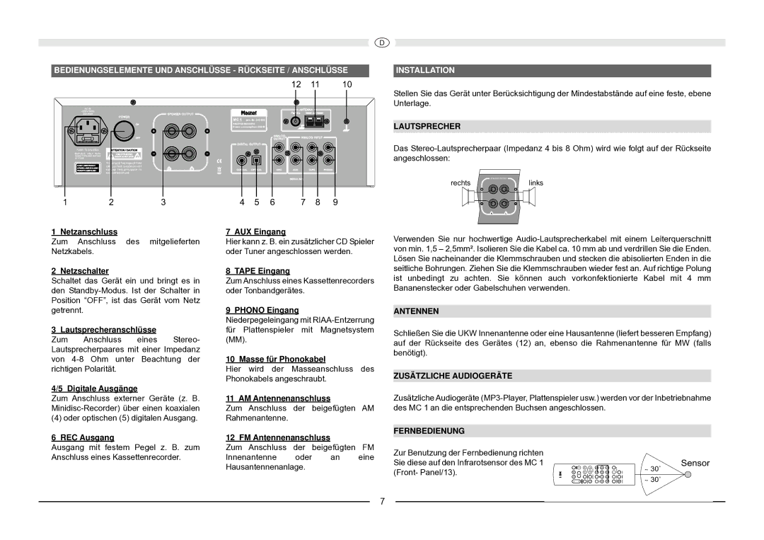 Magnat Audio MC 1 manual Lautsprecher, Antennen, Zusätzliche Audiogeräte, Fernbedienung 