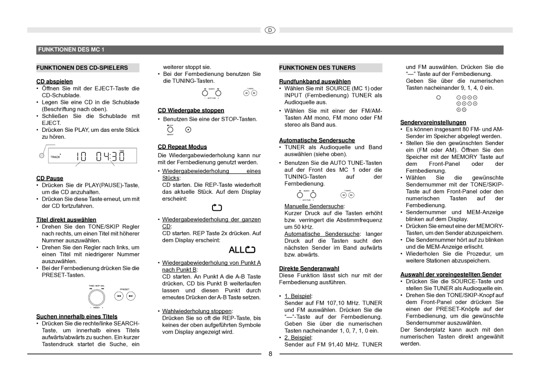 Magnat Audio MC 1 manual Funktionen DES MC, Funktionen DES Tuners 