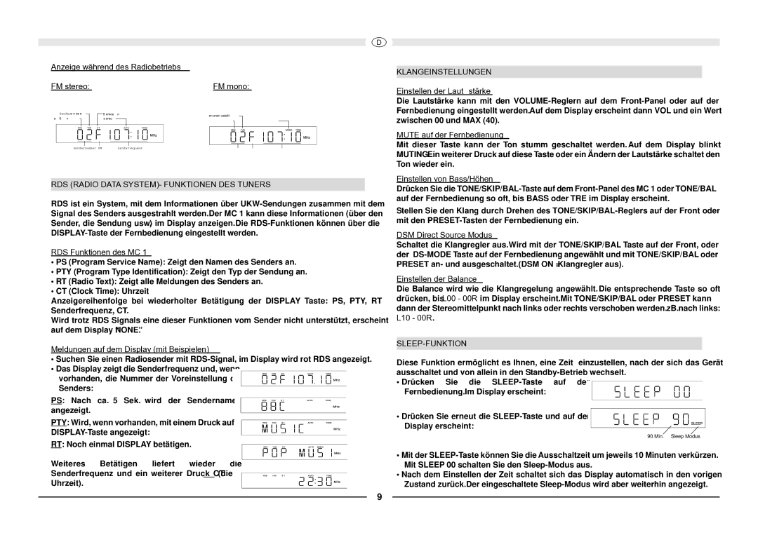 Magnat Audio MC 1 manual RDS Radio Data SYSTEM- Funktionen DES Tuners, Klangeinstellungen, Sleep-Funktion 