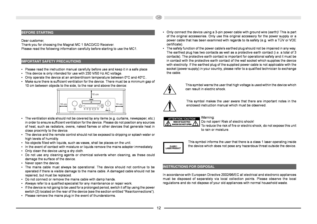 Magnat Audio MC 1 manual Before Starting, Important Safety Precautions, Instructions For Disposal 