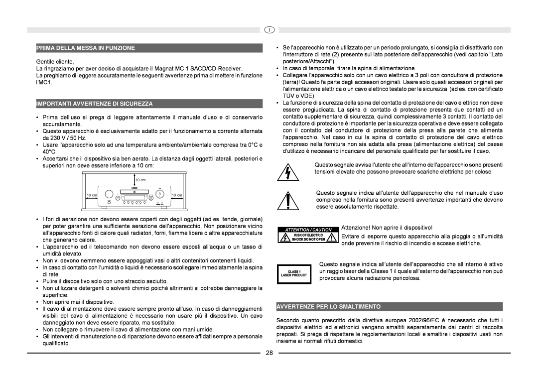Magnat Audio MC 1 manual Prima Della Messa In Funzione, Importanti Avvertenze Di Sicurezza, Avvertenze Per Lo Smaltimento 
