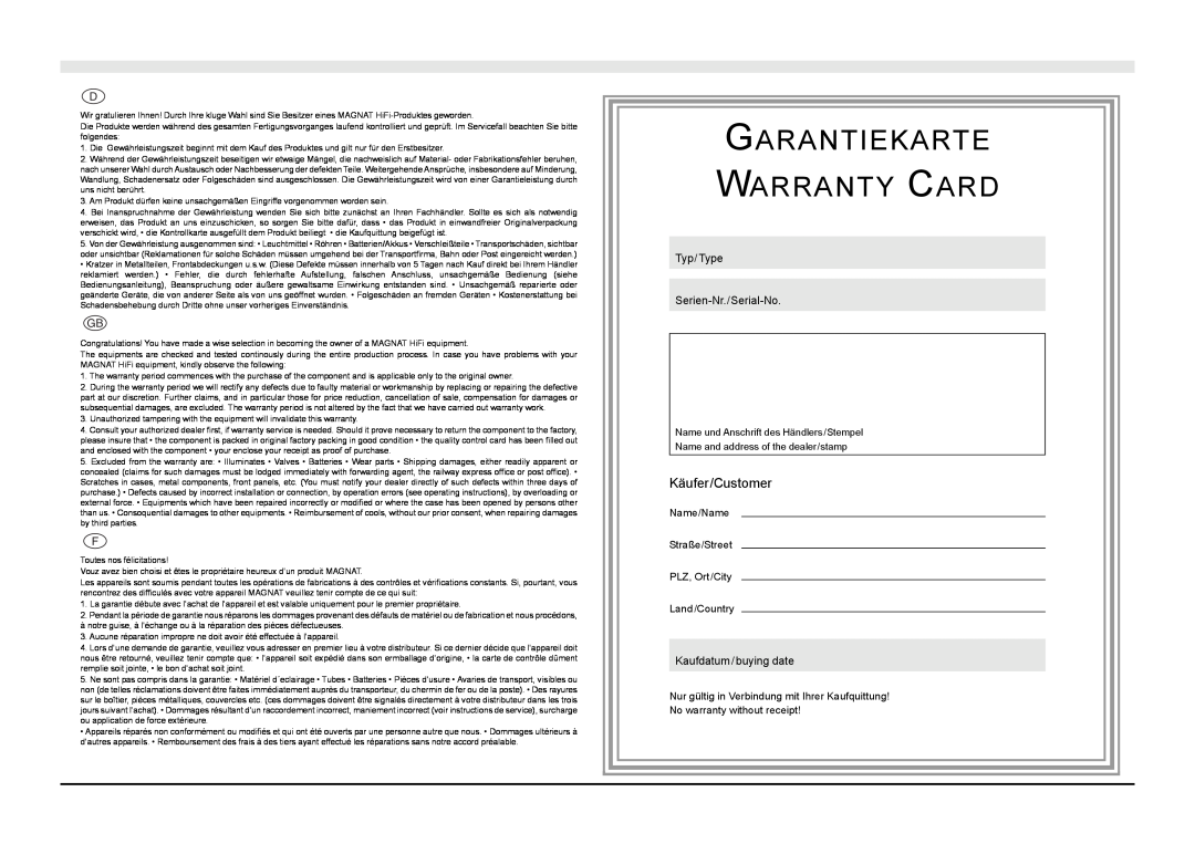Magnat Audio MC 1 manual Käufer/Customer, Garantiekarte Warranty Card, Name/Name Straße/Street PLZ, Ort/City, Land/Country 