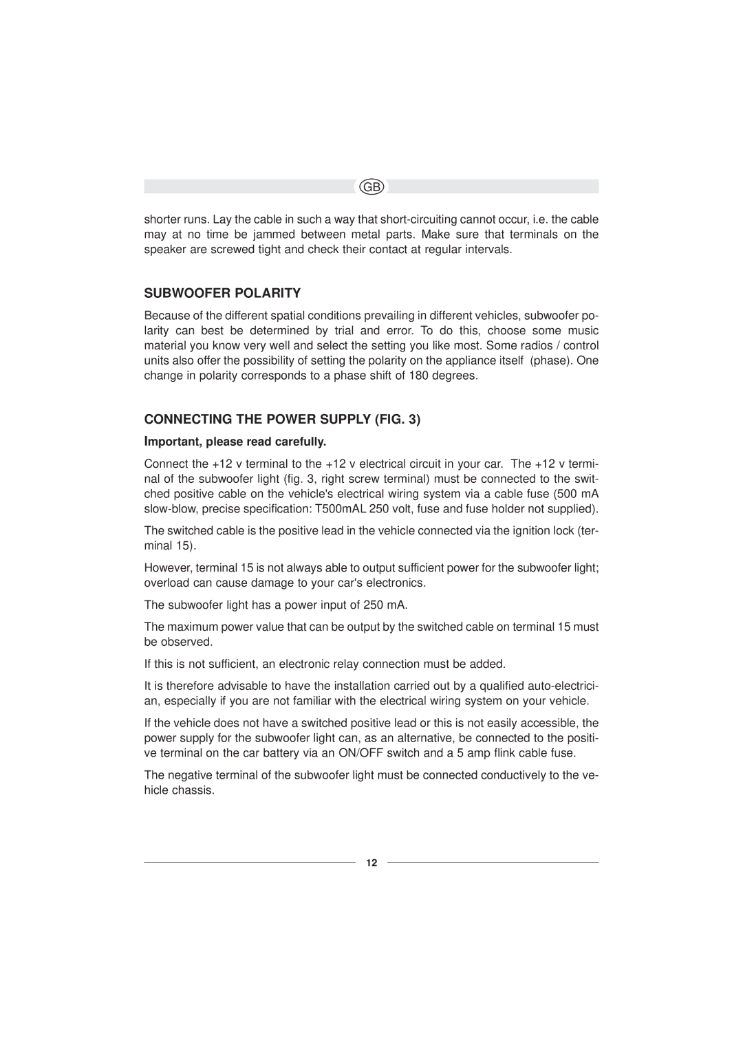 Magnat Audio Neo Flex 130 Subwoofer Polarity, Connecting the Power Supply FIG, Important, please read carefully 