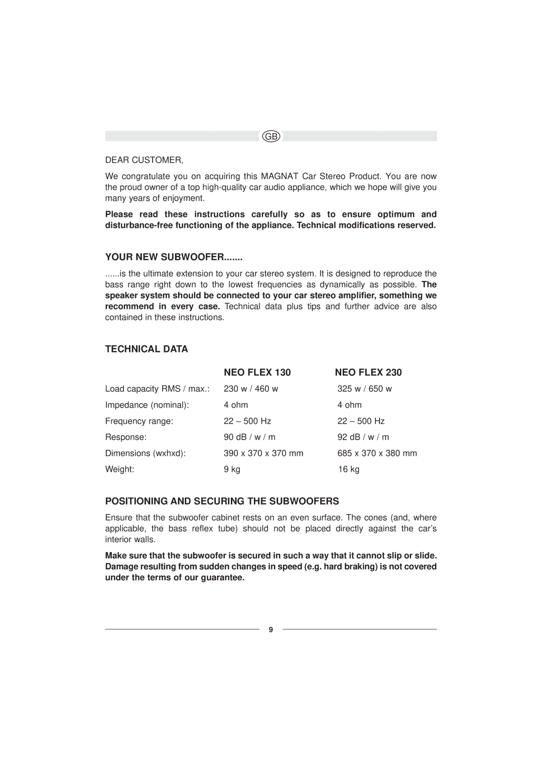 Magnat Audio Neo Flex 130 owner manual Your NEW Subwoofer, Technical Data NEO Flex, Positioning and Securing the Subwoofers 