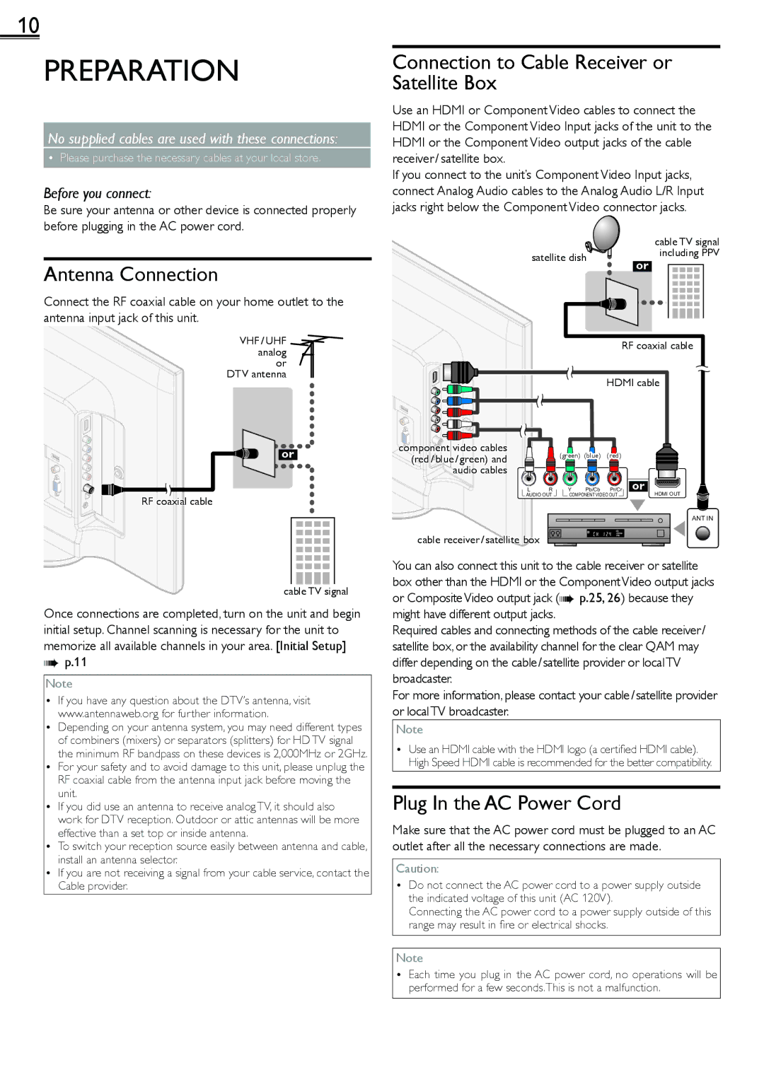 Magnavox 1-866-341-3738, 19ME601B Preparation, Antenna Connection, Connection to Cable Receiver or Satellite Box 