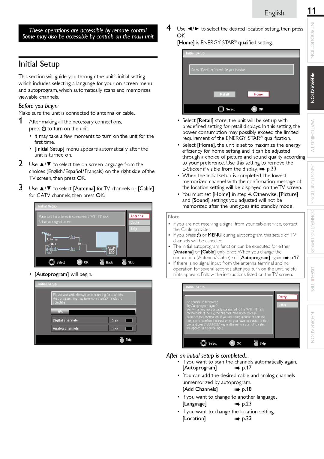 Magnavox 19ME601B owner manual Initial Setup, Make sure the unit is connected to antenna or cable, Autoprogram will begin 