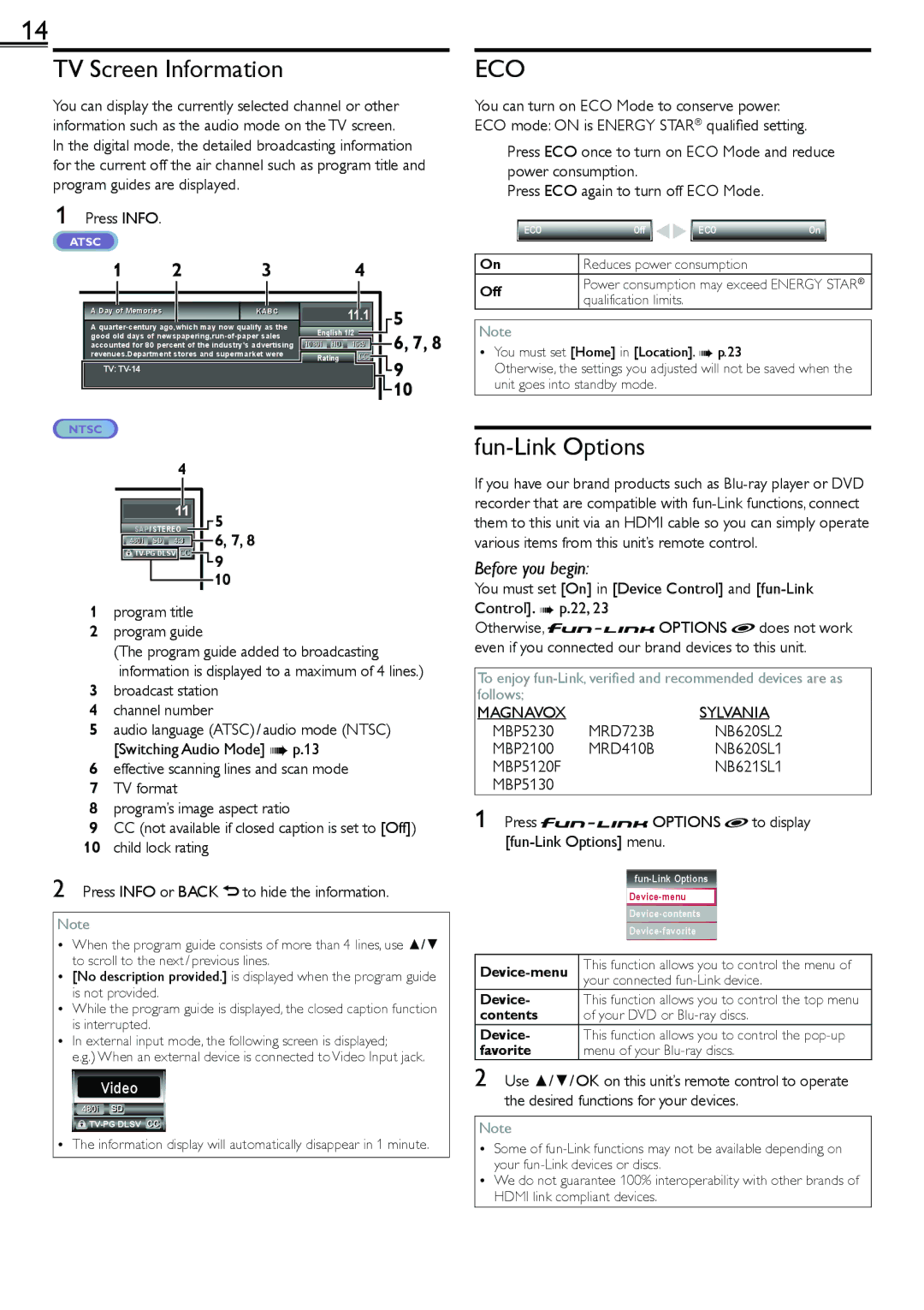 Magnavox 1-866-341-3738, 19ME601B owner manual TV Screen Information, Fun-Link Options 