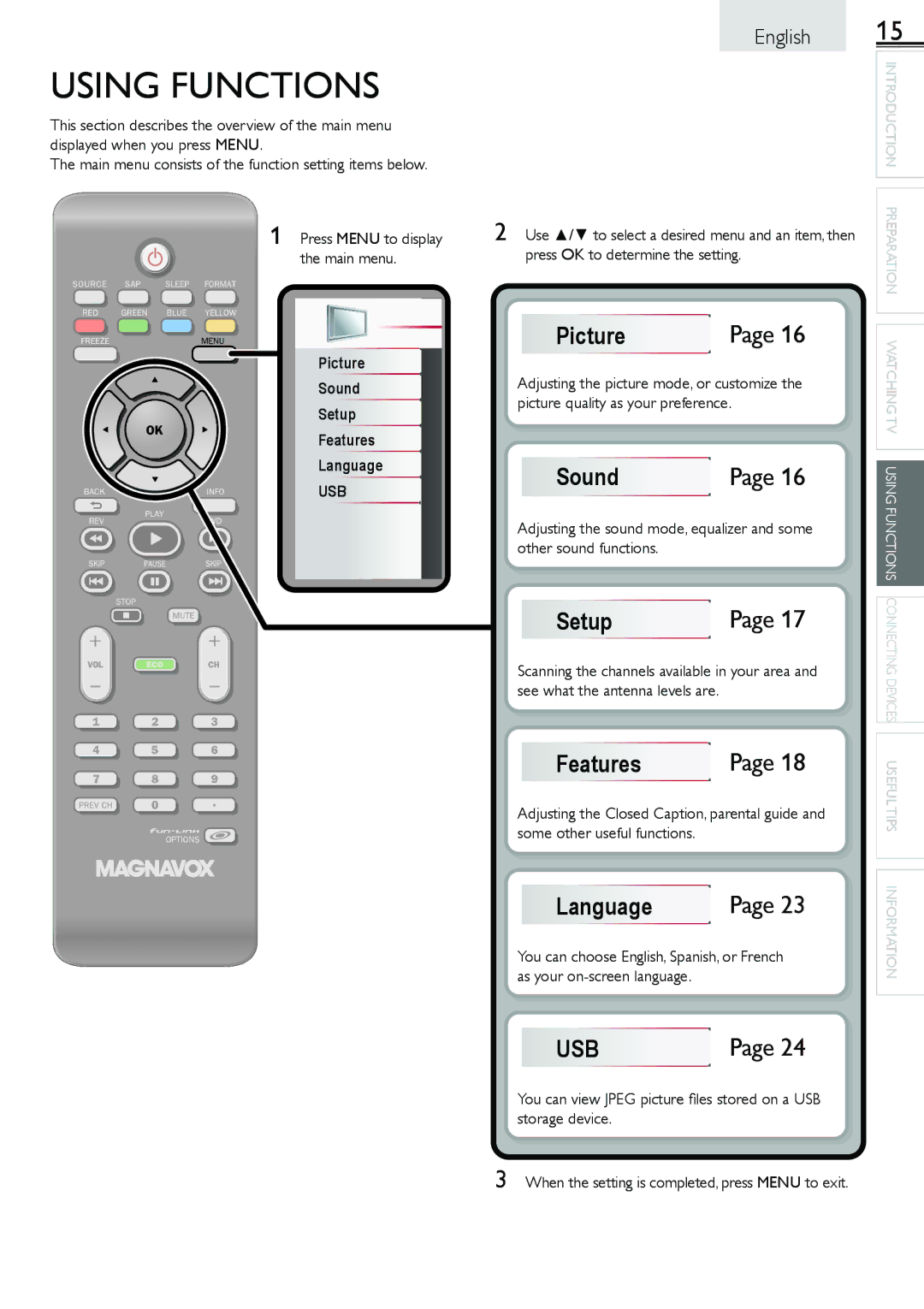 Magnavox 19ME601B, 1-866-341-3738 owner manual Using Functions 