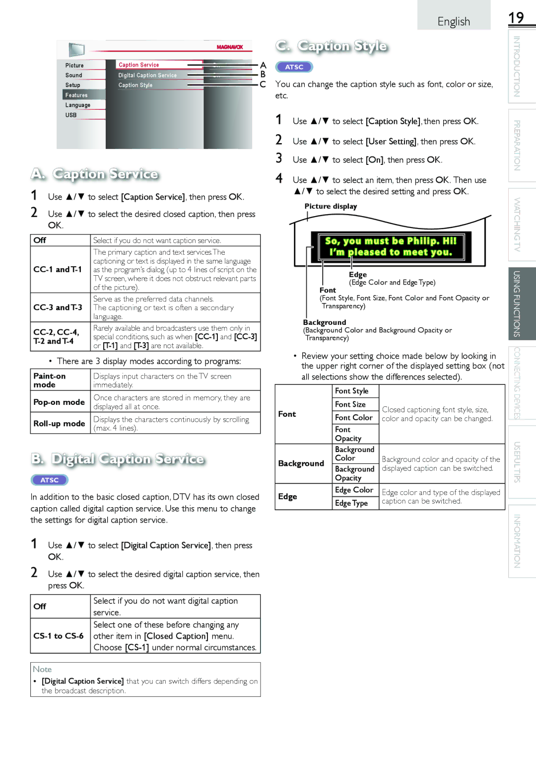 Magnavox 19ME601B, 1-866-341-3738 owner manual Use / to select the desired closed caption, then press OK 