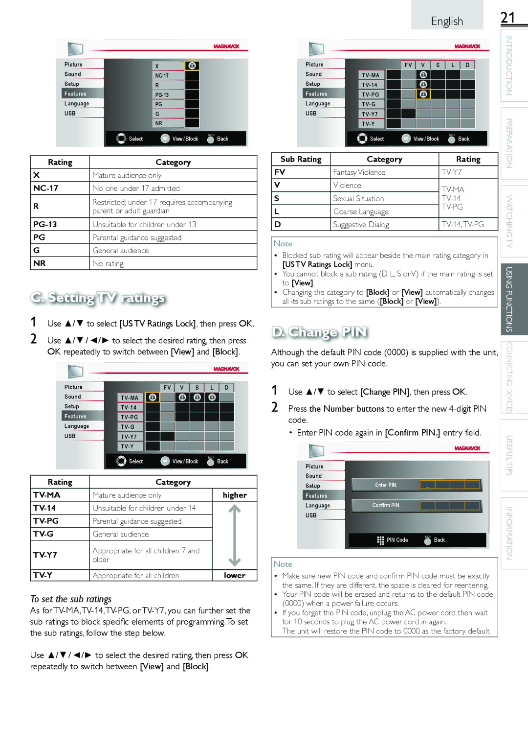 Magnavox 19ME601B, 1-866-341-3738 owner manual Use / to select Change PIN, then press OK, Code 