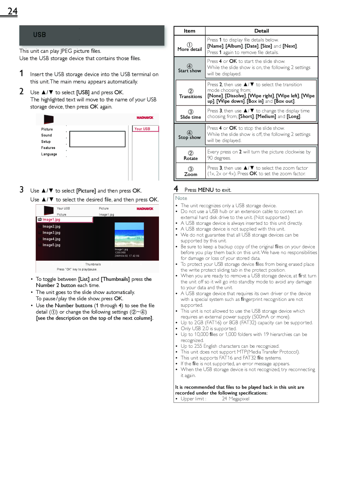 Magnavox 1-866-341-3738, 19ME601B owner manual Use / to select USB and press OK, Press Menu to exit 