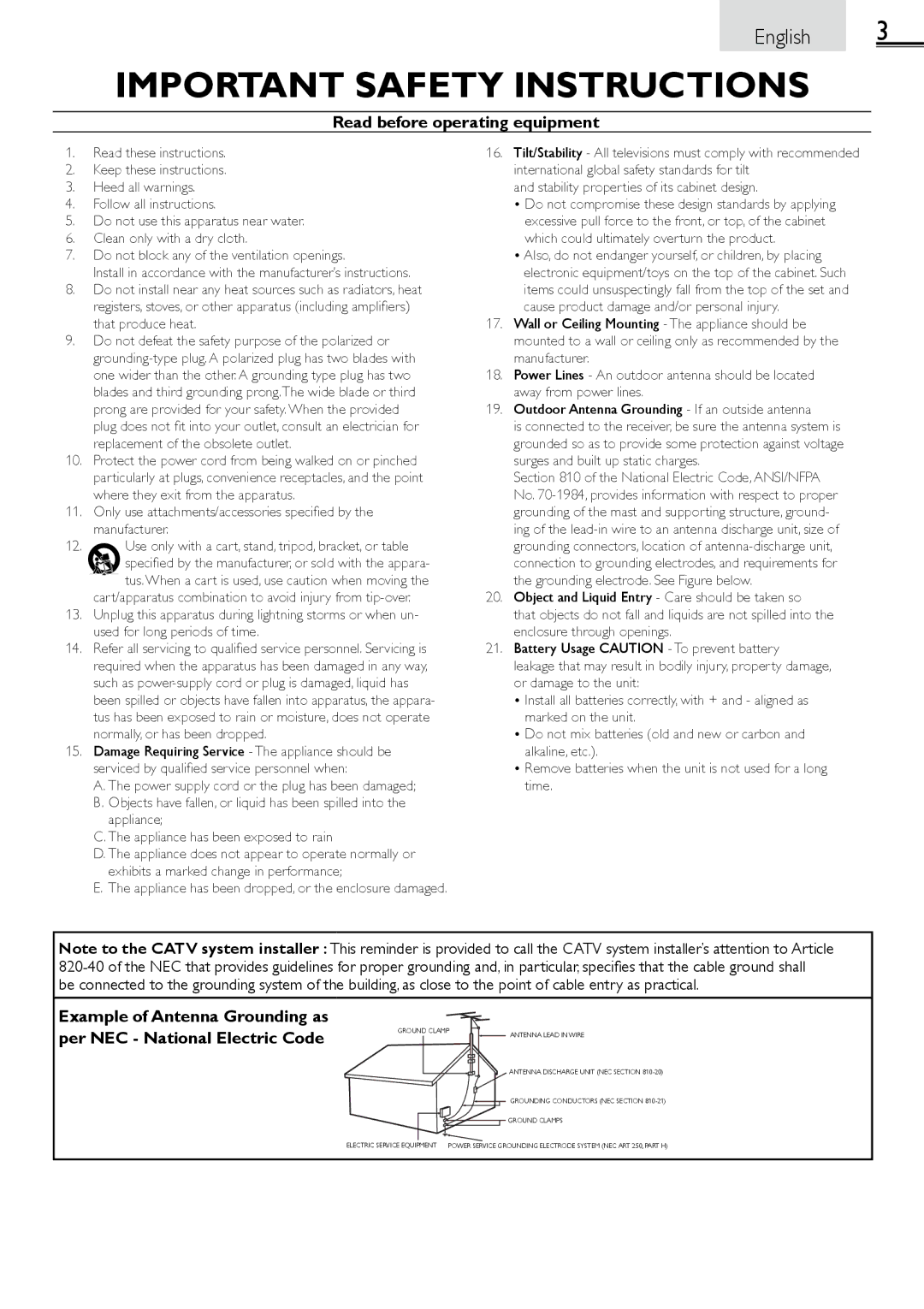 Magnavox 19ME601B, 1-866-341-3738 owner manual Important Safety Instructions, Stability properties of its cabinet design 