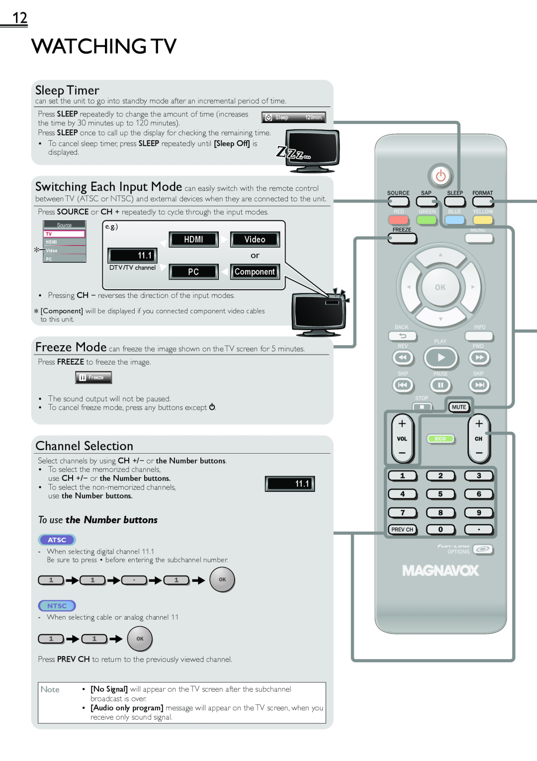 Magnavox 1-866-341-3738 Watching Tv, Sleep Timer, Channel Selection, To use the Number buttons, Hdmi, Video, 11.1 