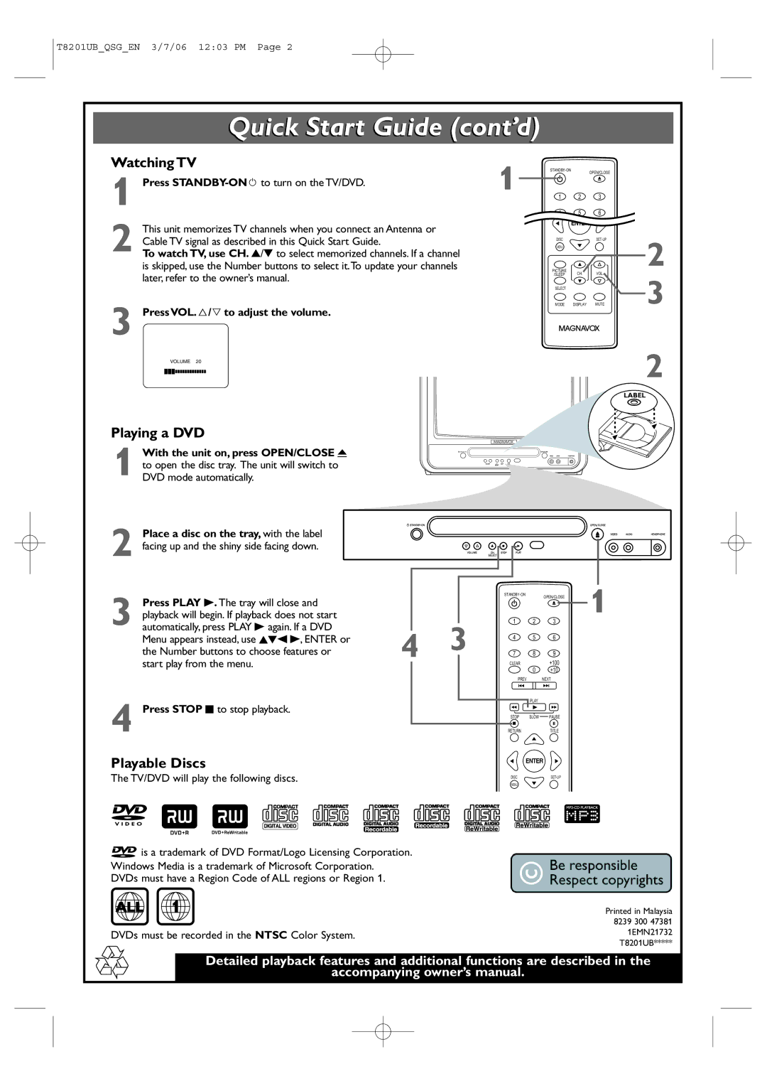 Magnavox 13MC3206 quick start Quick Start Guide cont’d, Watching TV, Playing a DVD, Playable Discs, All 