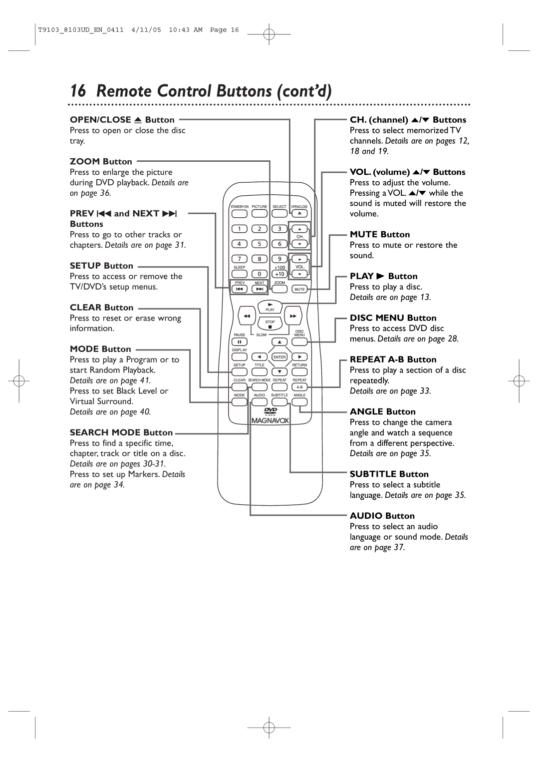 Magnavox 13MDTD20, 20MC4204 user manual Remote Control Buttons cont’d 