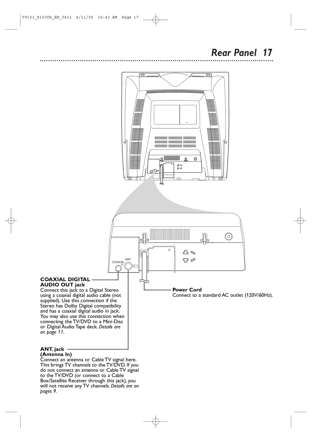 Magnavox 20MC4204, 13MDTD20 user manual Rear Panel, Coaxial Digital Audio OUT jack, ANT. jack Antenna, Power Cord 