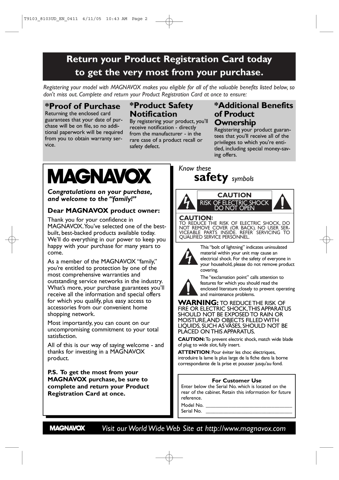 Magnavox 13MDTD20, 20MC4204 Dear Magnavox product owner, Returning the enclosed card, Guarantees that your date of pur 