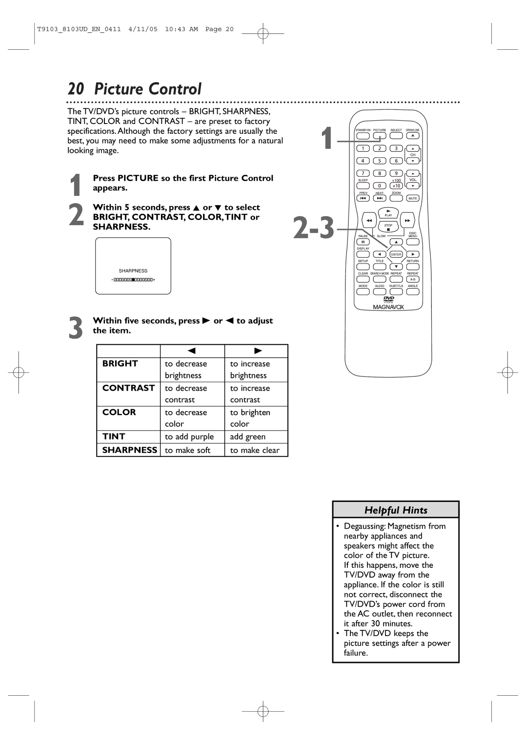 Magnavox 13MDTD20, 20MC4204 user manual Picture Control, Within five seconds, press B or s to adjust 