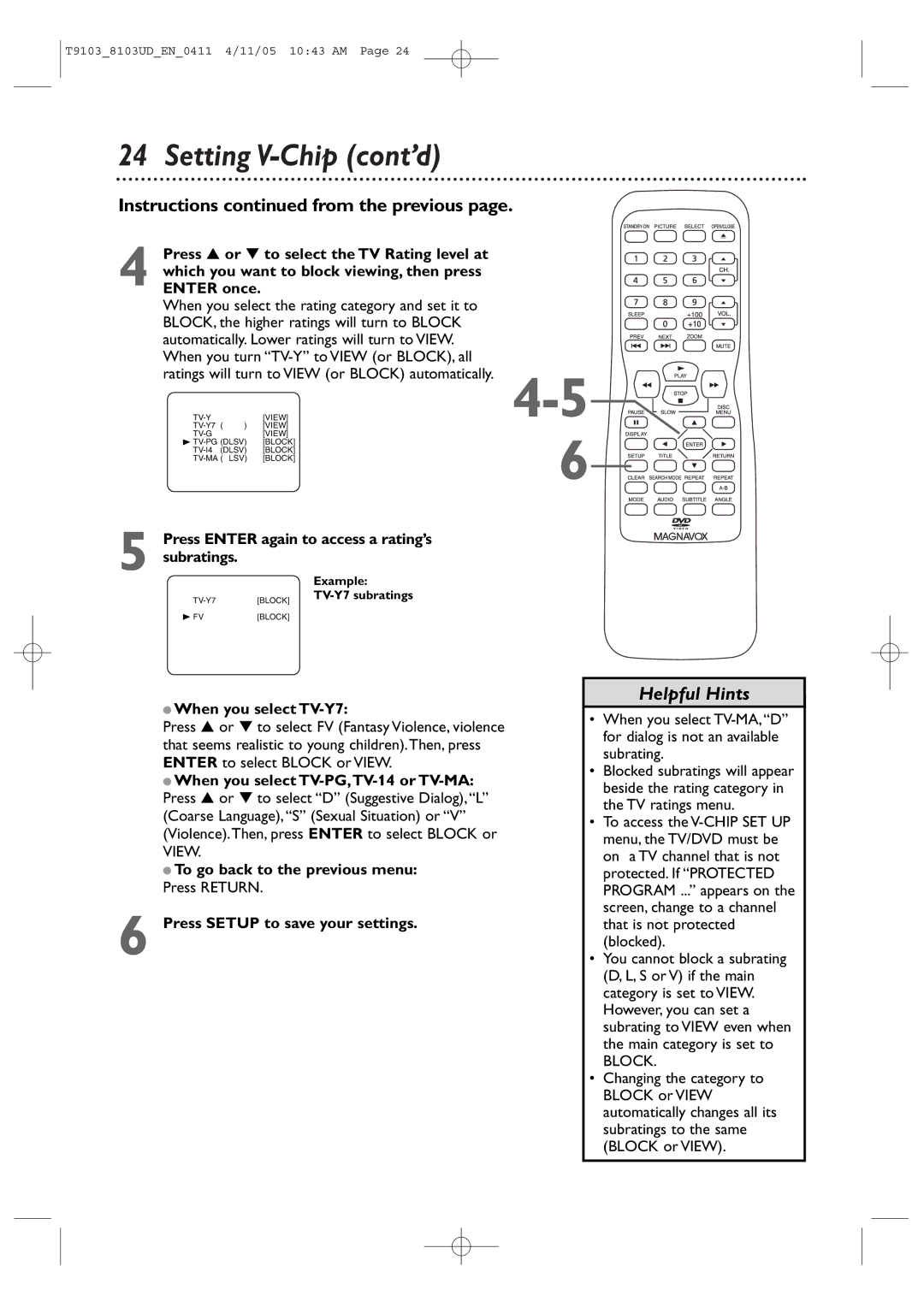 Magnavox 13MDTD20, 20MC4204 user manual Setting V-Chip cont’d 