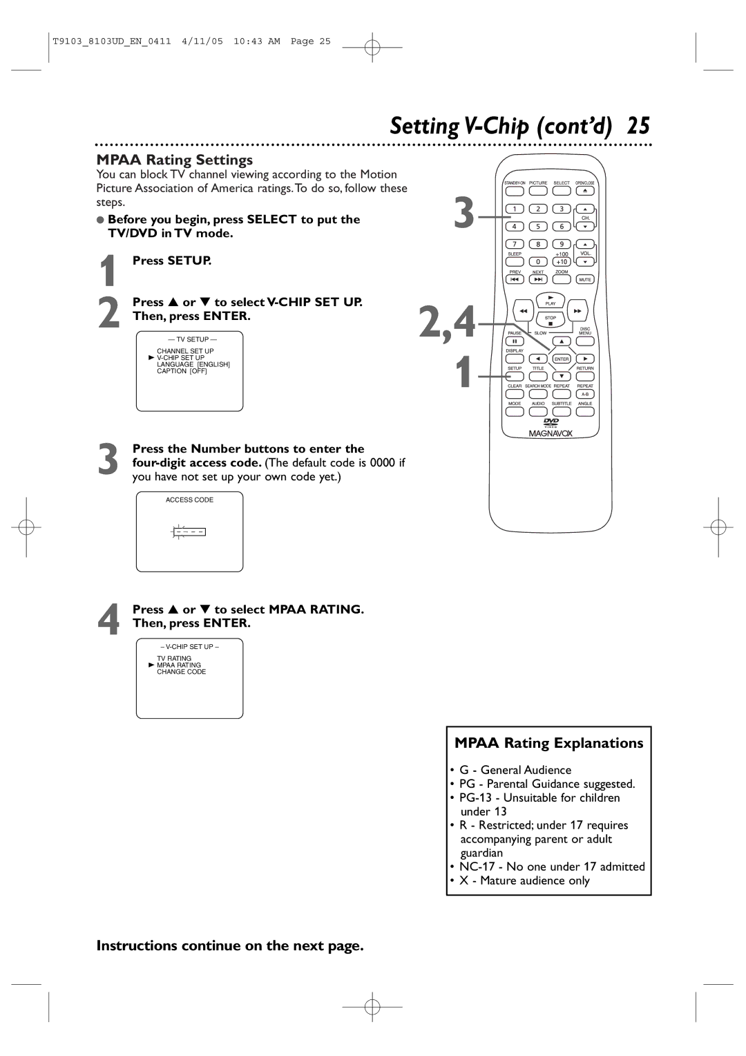 Magnavox 20MC4204 Mpaa Rating Settings, Mpaa Rating Explanations, Press or to select Mpaa Rating Then, press Enter 