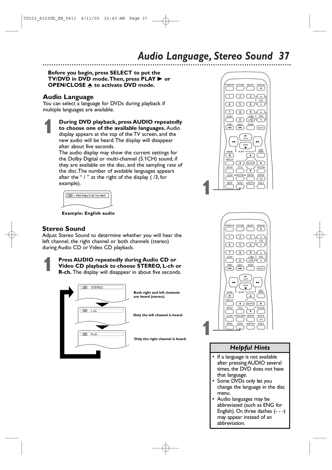 Magnavox 20MC4204, 13MDTD20 user manual Audio Language, Stereo Sound 