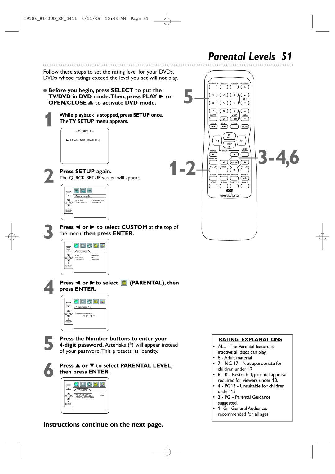 Magnavox 20MC4204, 13MDTD20 user manual Parental Levels, Press s or Bto select PARENTAL, then Press Enter 