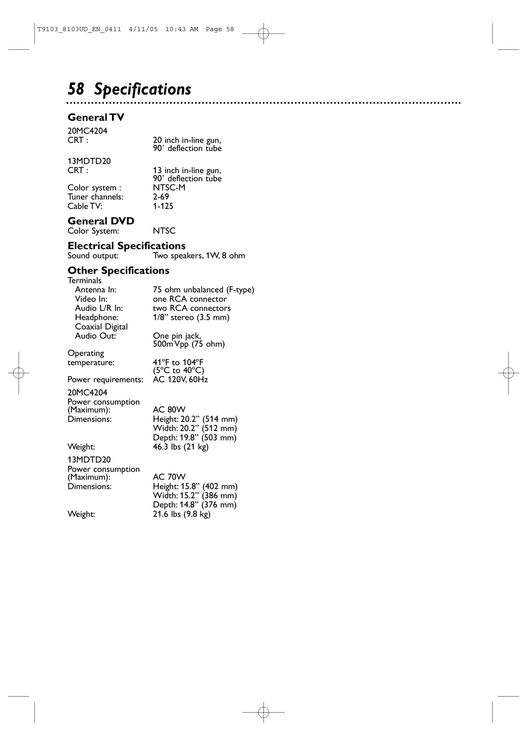 Magnavox 13MDTD20, 20MC4204 user manual General TV, General DVD, Electrical Specifications, Other Specifications 