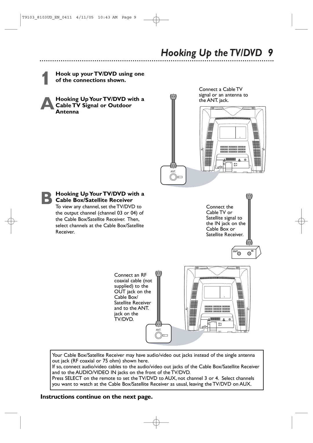 Magnavox 20MC4204, 13MDTD20 user manual Hooking Up the TV/DVD, Instructions continue on the next 