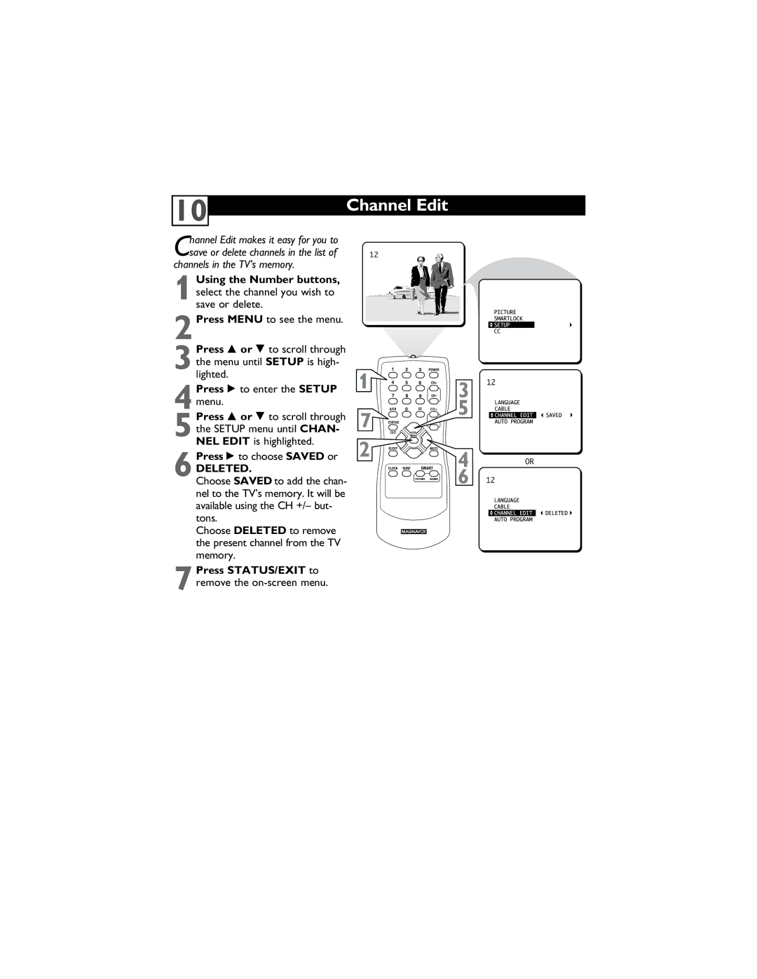 Magnavox 13MT1432/17, 13MT1433/17 user manual Channel Edit, Channels in the TV’s memory, Press to enter the Setup 4menu 