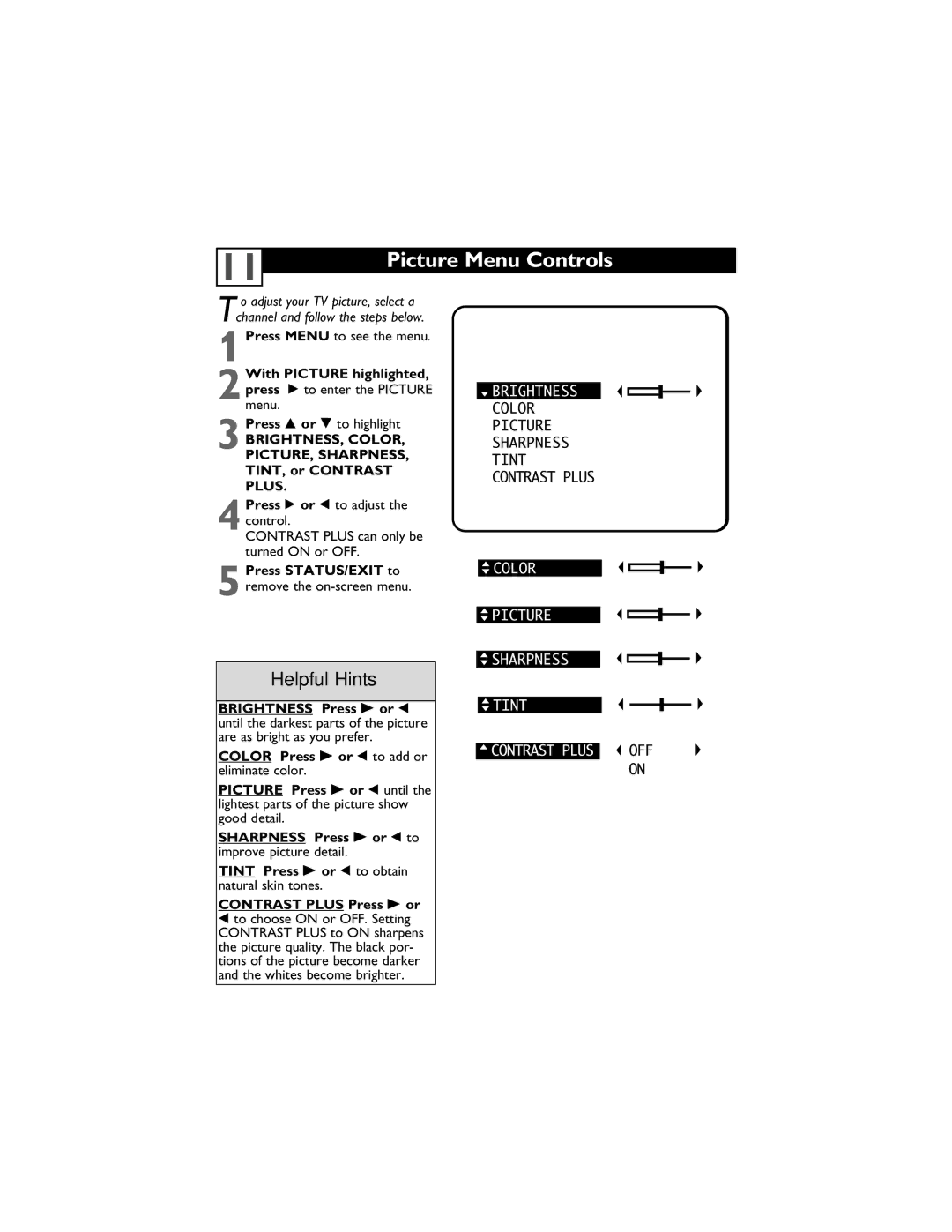 Magnavox 13MT1432/17, 13MT1433/17 user manual Picture Menu Controls, 2With Picture highlighted, press to enter the Picture 