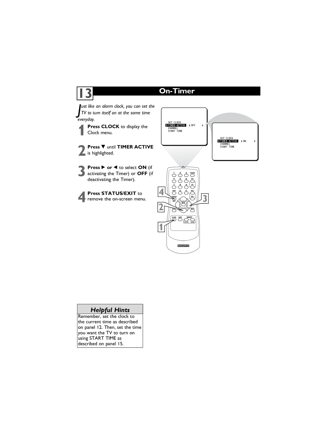 Magnavox 13MT1432/17, 13MT1433/17 user manual On-Timer 