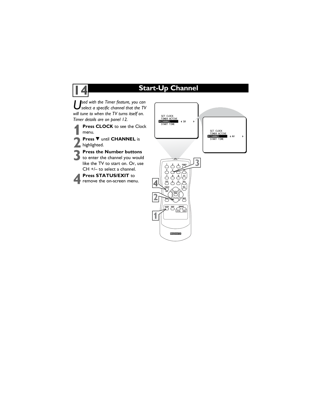 Magnavox 13MT1432/17, 13MT1433/17 user manual Start-Up Channel, 2highlighted, 4remove the on-screen menu 