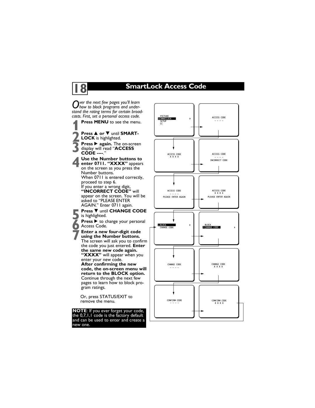 Magnavox 13MT1432/17, 13MT1433/17 user manual SmartLock Access Code, 5Press 9 until Change Code is highlighted 