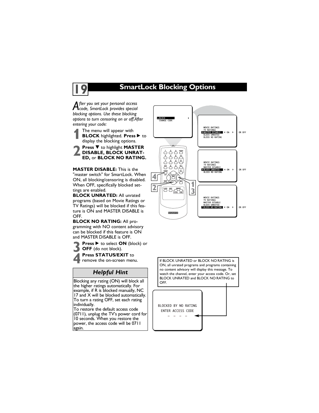 Magnavox 13MT1432/17, 13MT1433/17 SmartLock Blocking Options, Block Unrated All unrated, Block no Rating All pro 