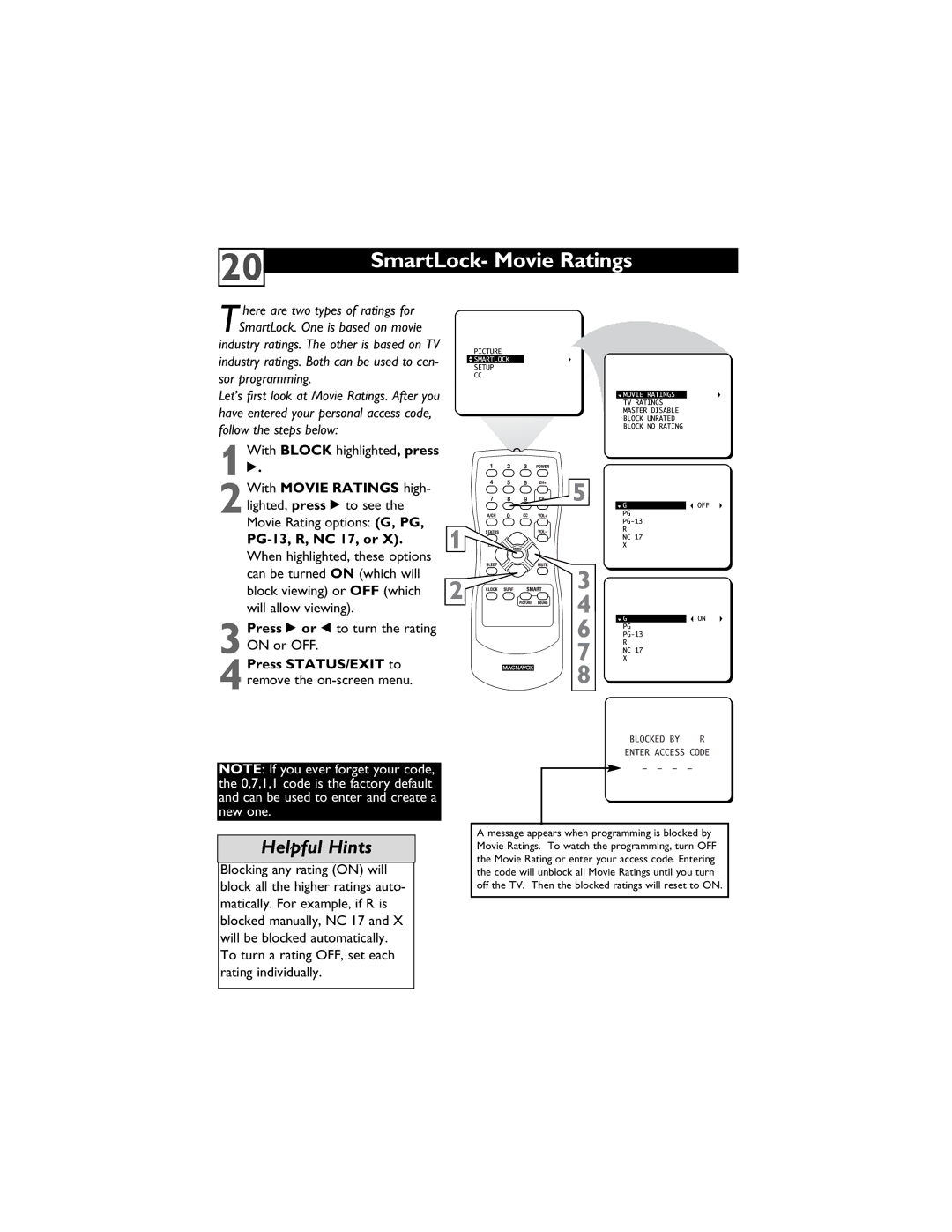 Magnavox 13MT1432/17, 13MT1433/17 user manual SmartLock- Movie Ratings, 2With Movie Ratings high, PG-13, R, NC 17, or 