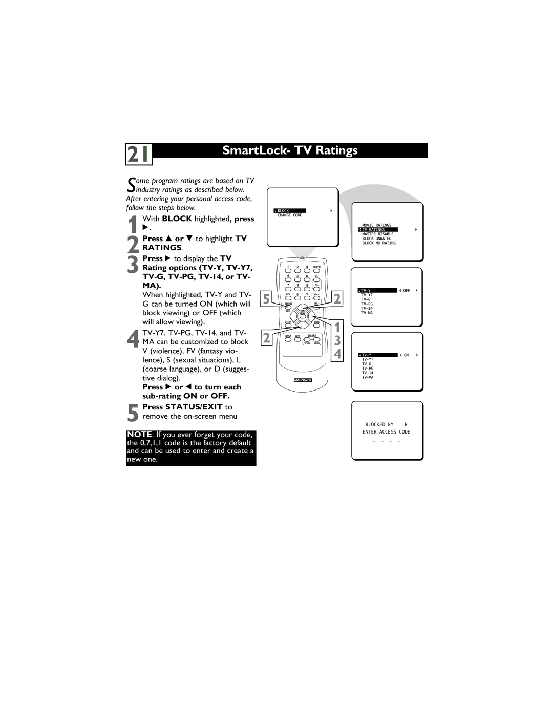 Magnavox 13MT1432/17, 13MT1433/17 SmartLock- TV Ratings, Rating options TV-Y, TV-Y7, TV-G, TV-PG, TV-14, or TV- MA 