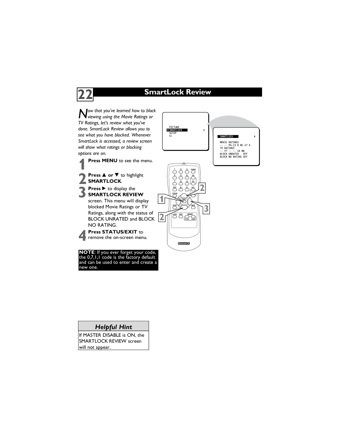 Magnavox 13MT1432/17, 13MT1433/17 user manual SmartLock Review, Smartlock Review 