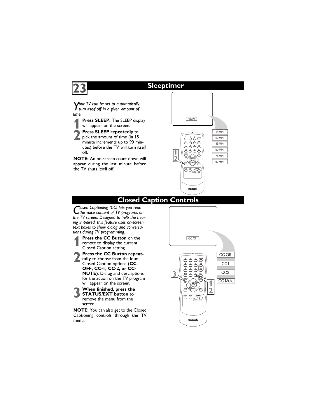 Magnavox 13MT1432/17, 13MT1433/17 Closed Caption Controls, Time, 1will appear on the screen, Pick the amount of time 