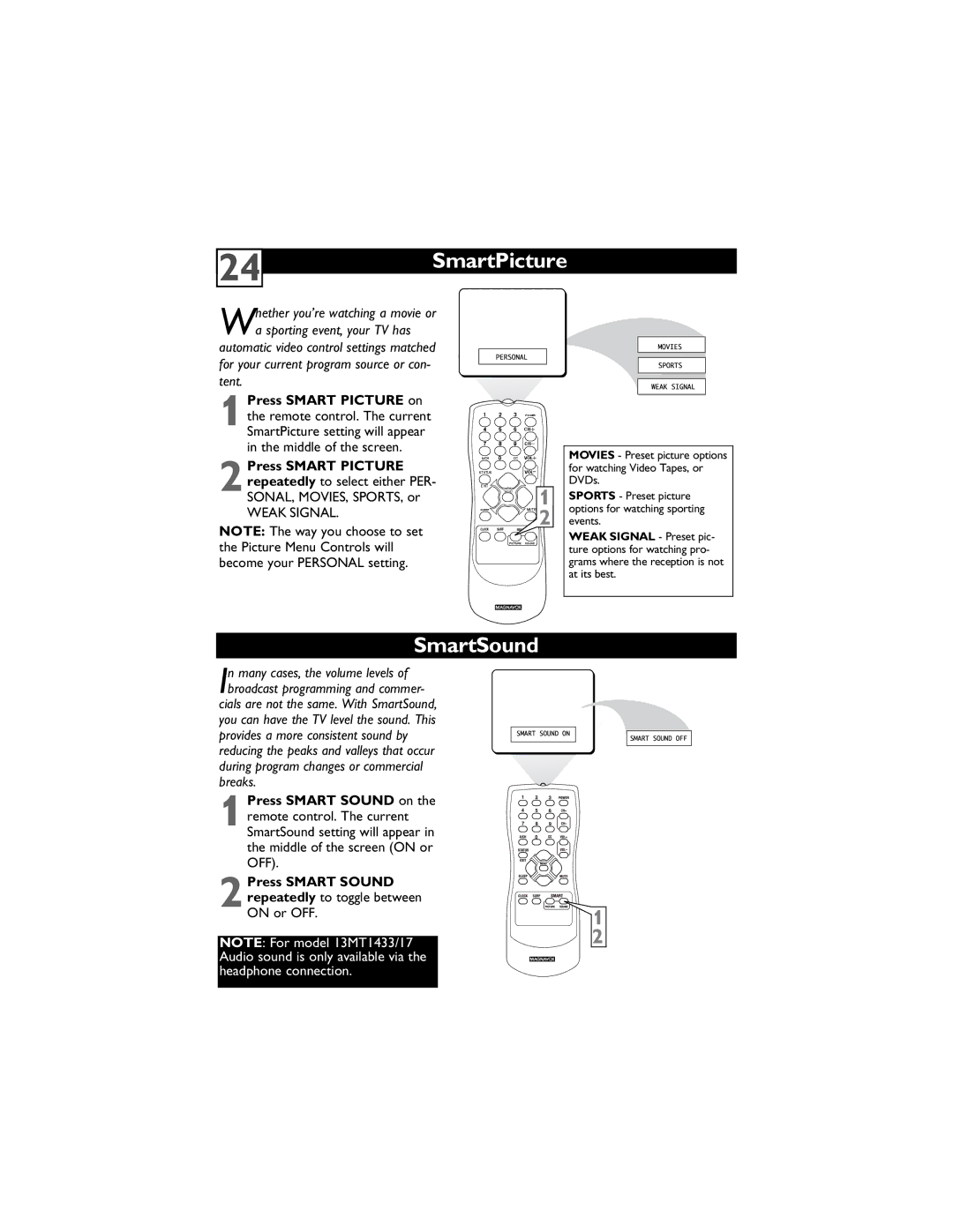 Magnavox 13MT1432/17, 13MT1433/17 user manual SmartPicture, SmartSound, 1Press Smart Sound on, 2Press Smart Sound 