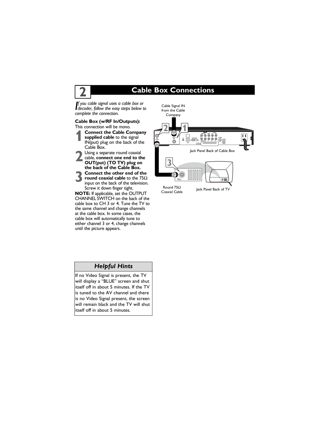 Magnavox 13MT1432/17, 13MT1433/17 user manual Cable Box Connections, Complete the connection, Cable Box w/RF In/Outputs 