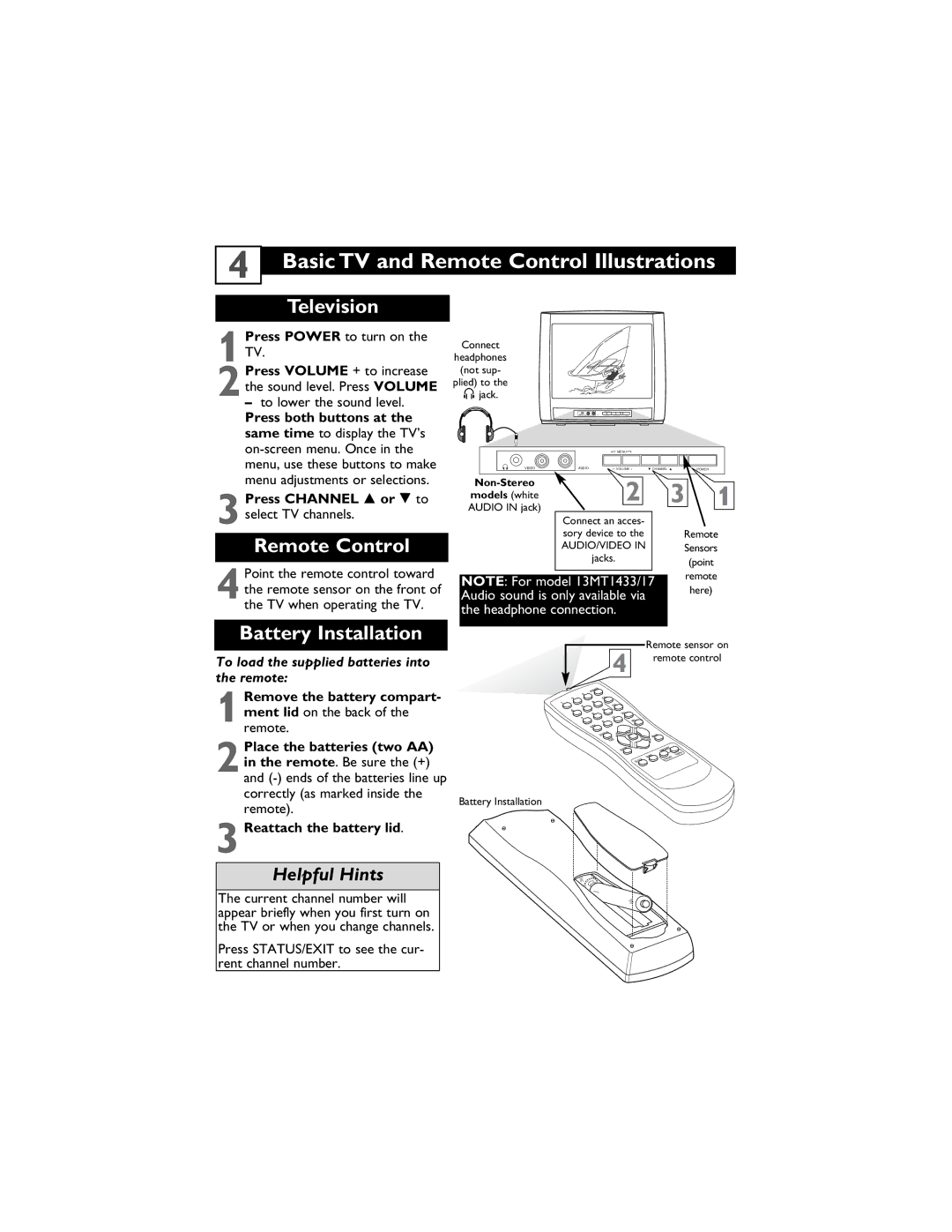 Magnavox 13MT1432/17, 13MT1433/17 Basic TV and Remote Control Illustrations, 3Press Channel 8 or 9 to select TV channels 