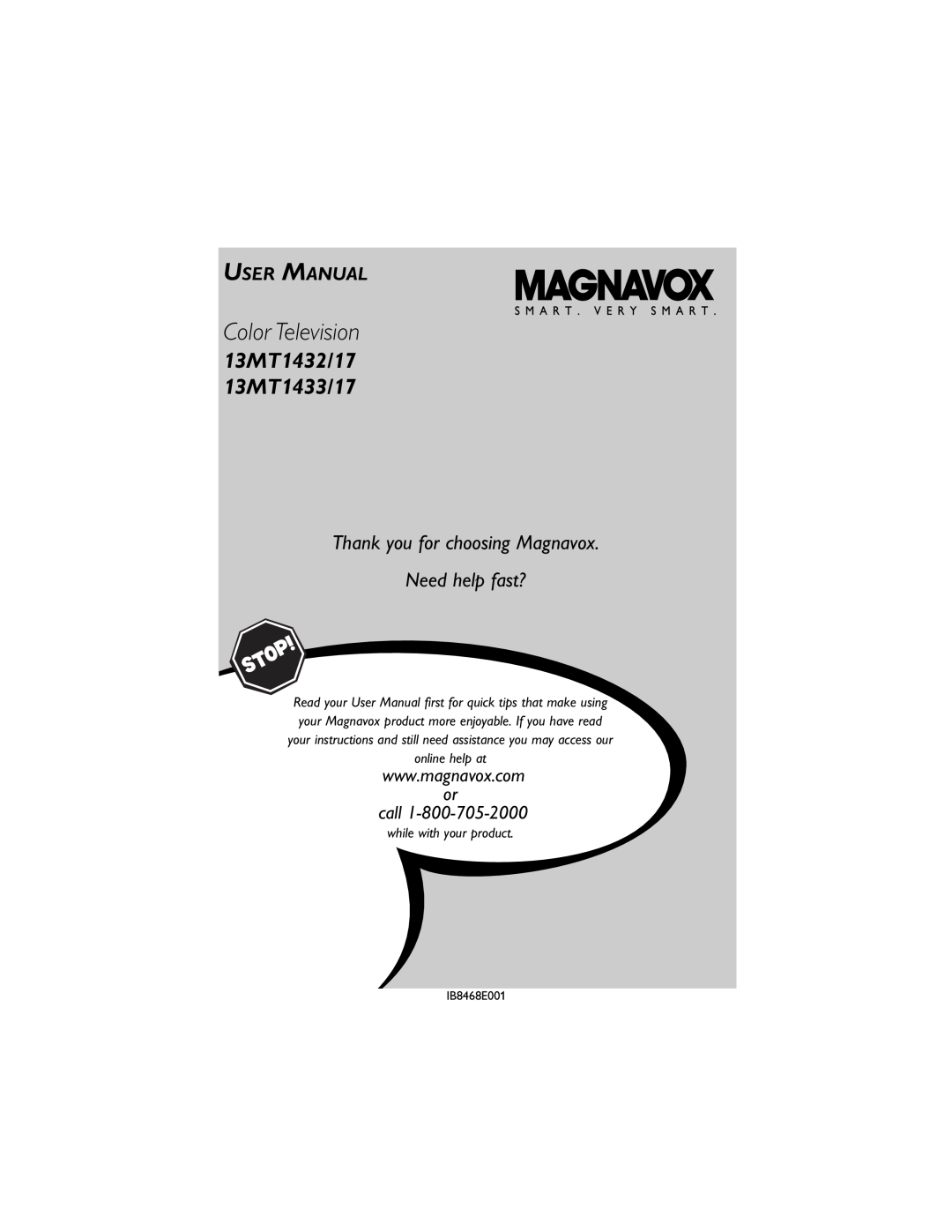Magnavox 13MT1432/17, 13MT1433/17 user manual User Manual, Color Television, 13MT1432/17 13MT1433/17, call 