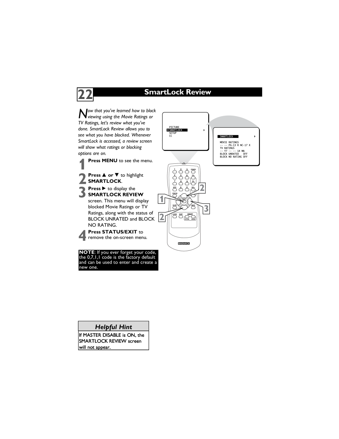 Magnavox 13MT1432/17, 13MT1433/17 user manual SmartLock Review, Helpful Hint, Smartlock Review 