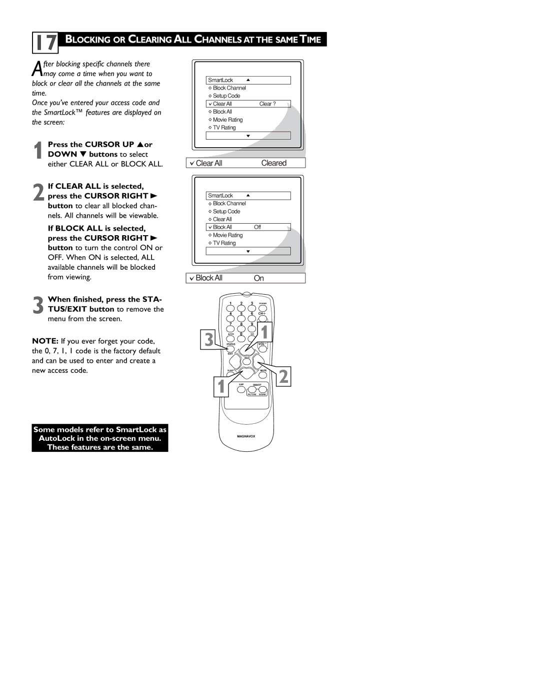 Magnavox 13MT143S, 20MT133S, 20MS233S Blocking or Clearing ALL Channels AT the Same Time, Either Clear ALL or Block ALL 